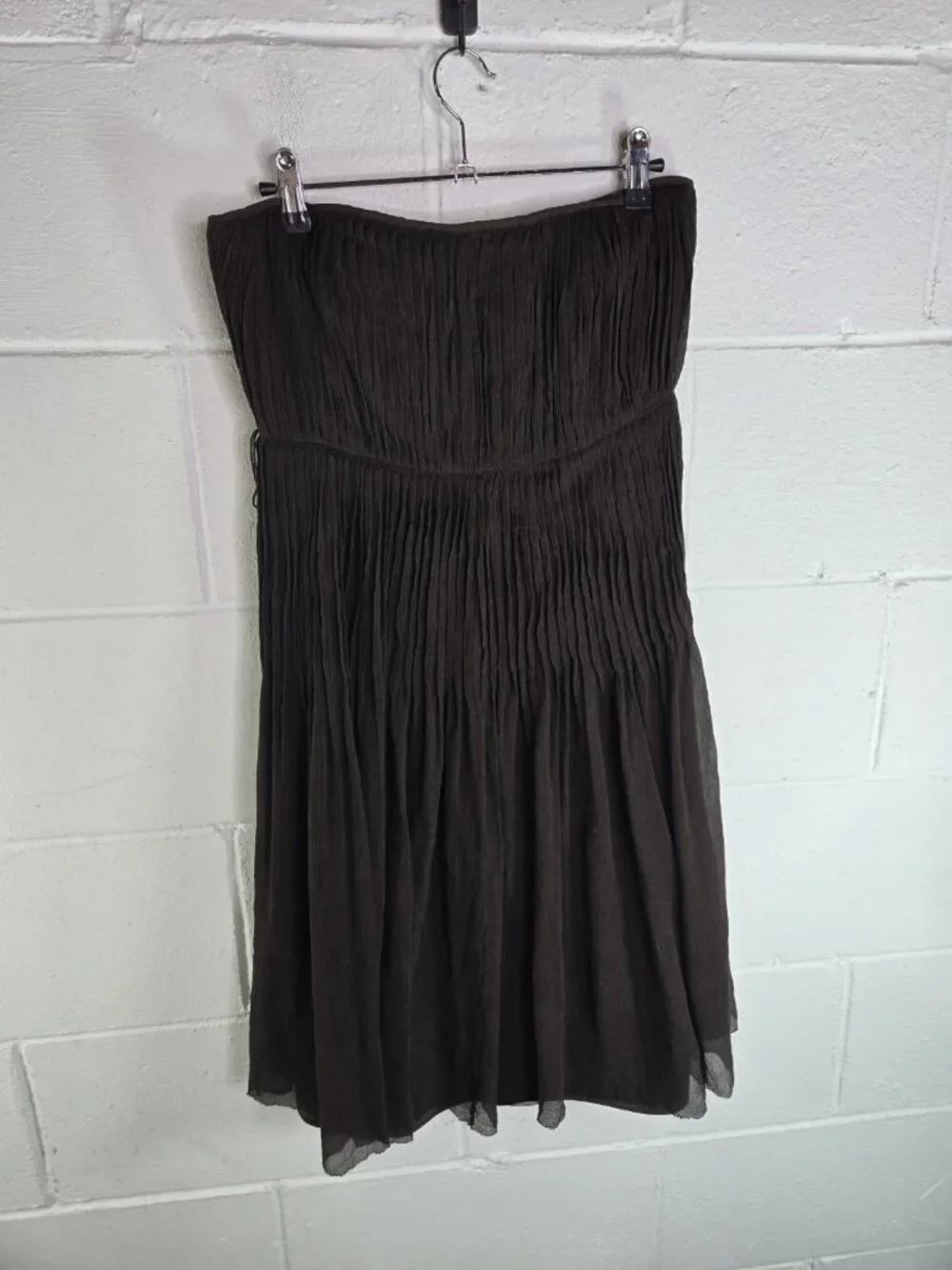 Vtg J. Crew Brown Silk Plisse Pleated Strapless Cocktail Mini Dress